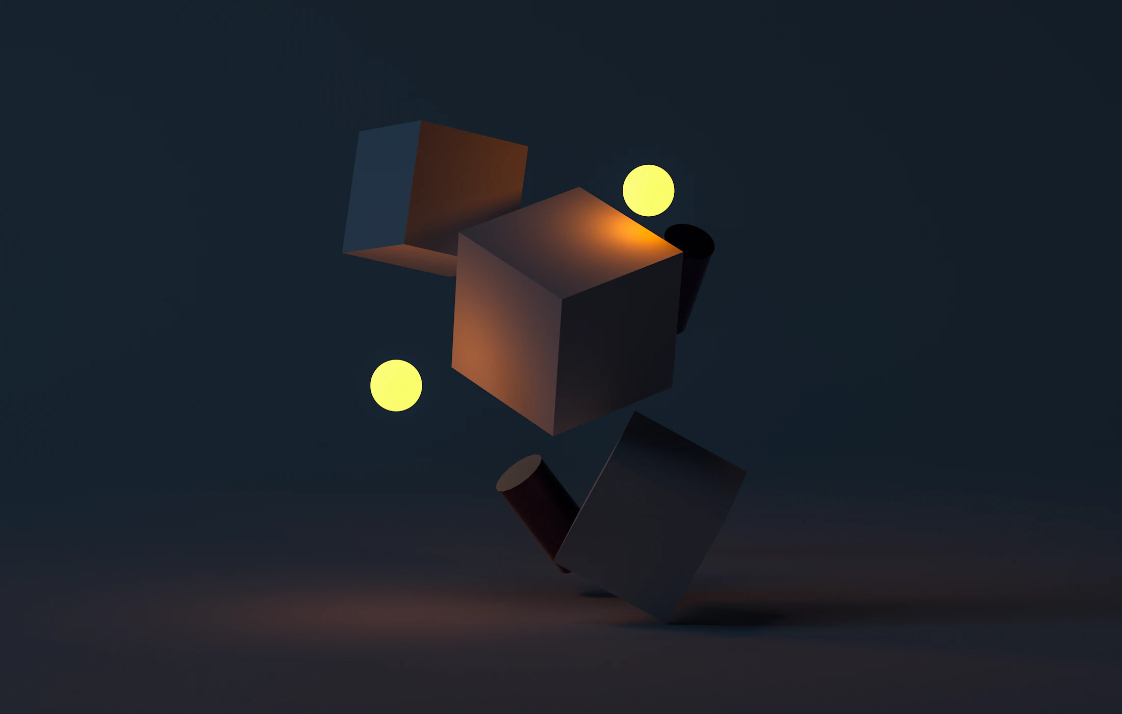 Abstract cinematic 3D digital environment with glowing objects